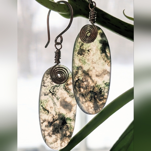 Sterling Silver Earrings Earthy Green Moss Agate Gems Bohemian Spiral Details - Picture 9 of 15